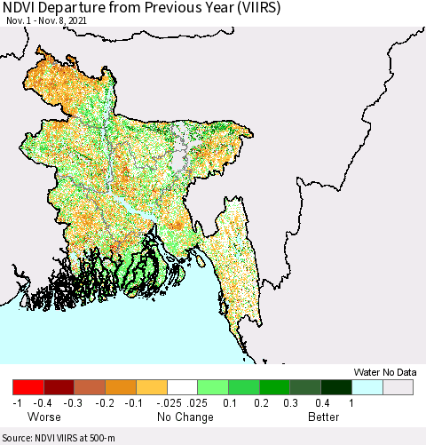 Bangladesh NDVI Departure from Previous Year (VIIRS) Thematic Map For 11/1/2021 - 11/8/2021