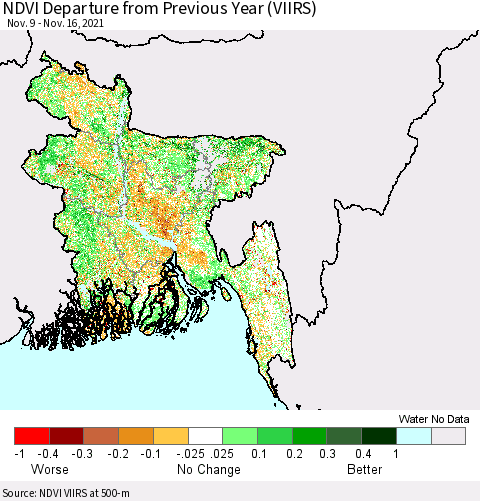 Bangladesh NDVI Departure from Previous Year (VIIRS) Thematic Map For 11/9/2021 - 11/16/2021
