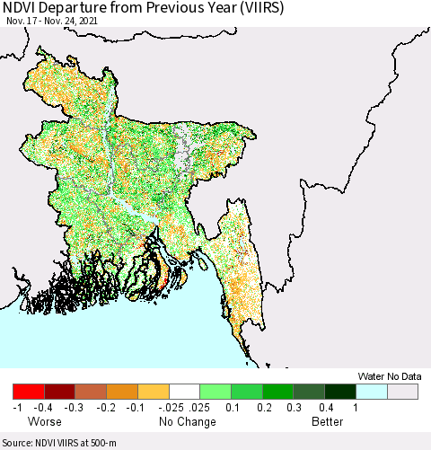 Bangladesh NDVI Departure from Previous Year (VIIRS) Thematic Map For 11/17/2021 - 11/24/2021