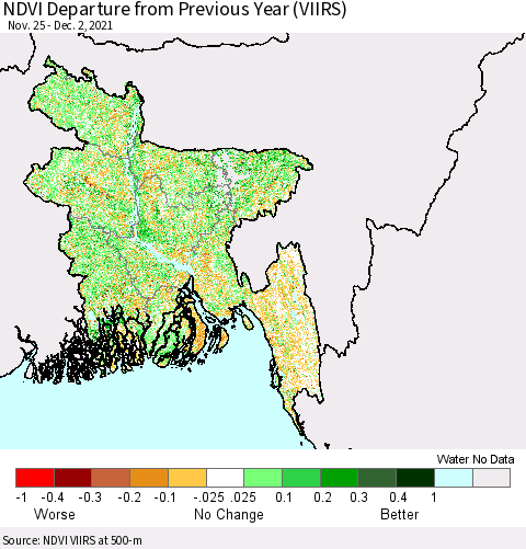 Bangladesh NDVI Departure from Previous Year (VIIRS) Thematic Map For 11/25/2021 - 12/2/2021