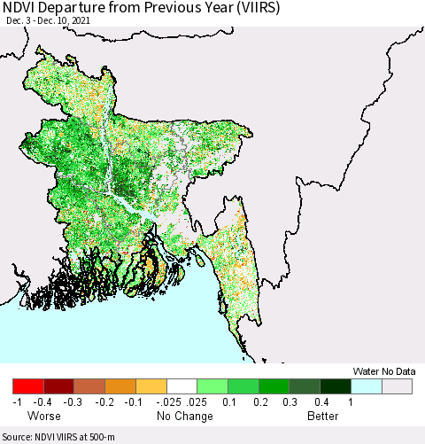 Bangladesh NDVI Departure from Previous Year (VIIRS) Thematic Map For 12/3/2021 - 12/10/2021