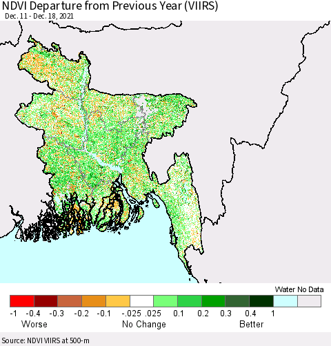 Bangladesh NDVI Departure from Previous Year (VIIRS) Thematic Map For 12/11/2021 - 12/18/2021