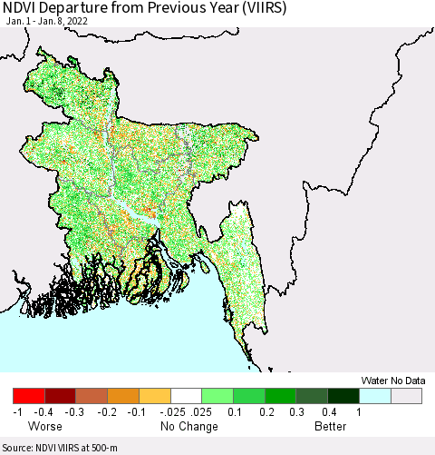 Bangladesh NDVI Departure from Previous Year (VIIRS) Thematic Map For 1/1/2022 - 1/8/2022