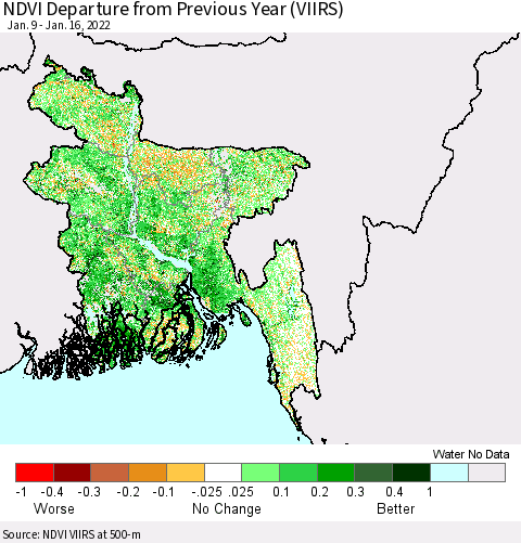 Bangladesh NDVI Departure from Previous Year (VIIRS) Thematic Map For 1/9/2022 - 1/16/2022