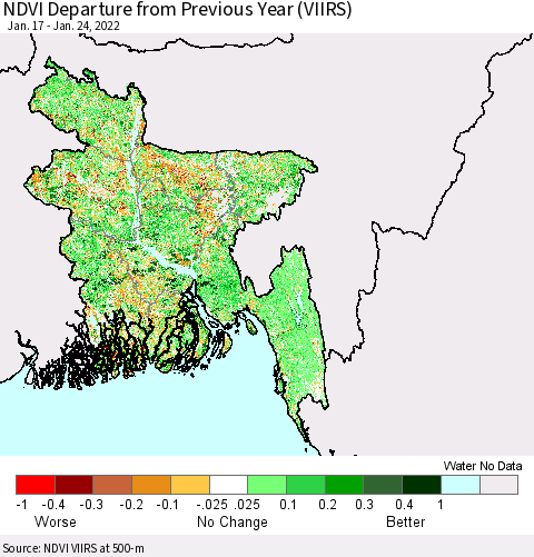 Bangladesh NDVI Departure from Previous Year (VIIRS) Thematic Map For 1/17/2022 - 1/24/2022