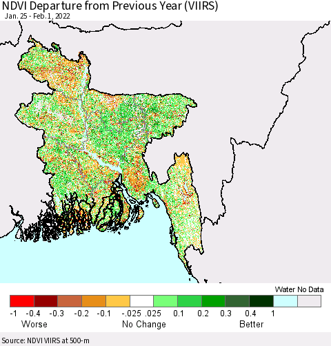 Bangladesh NDVI Departure from Previous Year (VIIRS) Thematic Map For 1/25/2022 - 2/1/2022