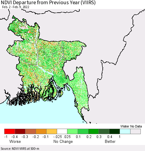 Bangladesh NDVI Departure from Previous Year (VIIRS) Thematic Map For 2/2/2022 - 2/9/2022