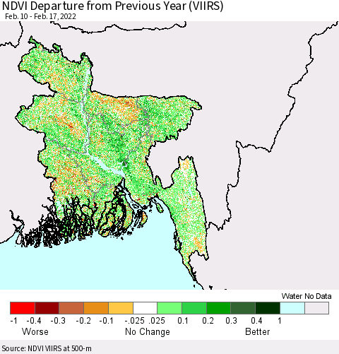 Bangladesh NDVI Departure from Previous Year (VIIRS) Thematic Map For 2/10/2022 - 2/17/2022