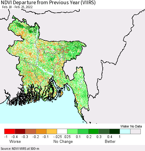 Bangladesh NDVI Departure from Previous Year (VIIRS) Thematic Map For 2/18/2022 - 2/25/2022