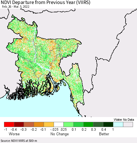 Bangladesh NDVI Departure from Previous Year (VIIRS) Thematic Map For 2/26/2022 - 3/5/2022