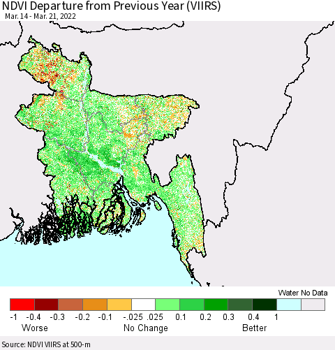 Bangladesh NDVI Departure from Previous Year (VIIRS) Thematic Map For 3/14/2022 - 3/21/2022