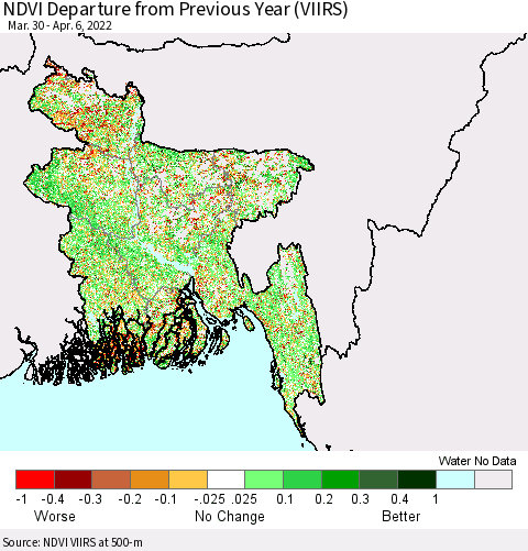 Bangladesh NDVI Departure from Previous Year (VIIRS) Thematic Map For 3/30/2022 - 4/6/2022