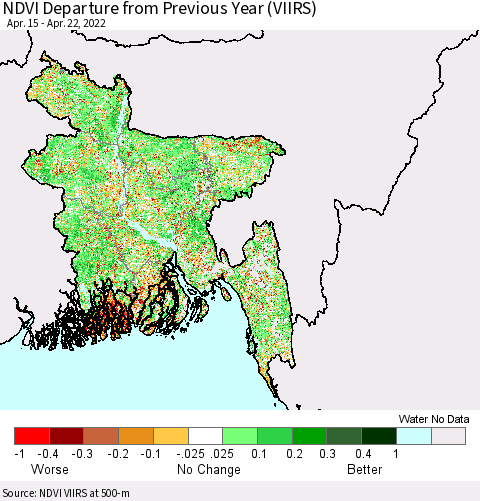 Bangladesh NDVI Departure from Previous Year (VIIRS) Thematic Map For 4/15/2022 - 4/22/2022