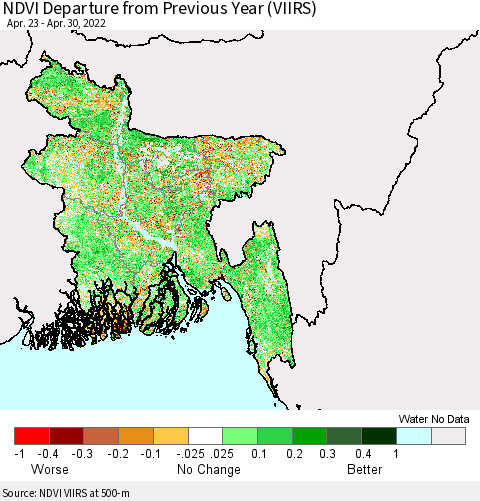 Bangladesh NDVI Departure from Previous Year (VIIRS) Thematic Map For 4/23/2022 - 4/30/2022