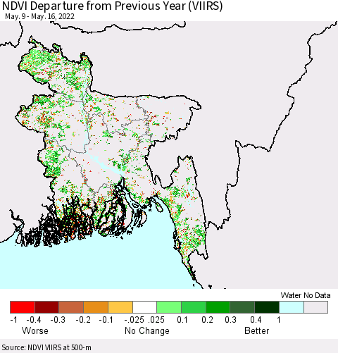 Bangladesh NDVI Departure from Previous Year (VIIRS) Thematic Map For 5/9/2022 - 5/16/2022