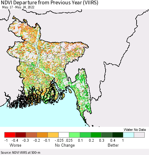Bangladesh NDVI Departure from Previous Year (VIIRS) Thematic Map For 5/17/2022 - 5/24/2022