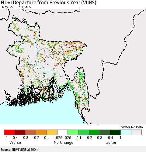 Bangladesh NDVI Departure from Previous Year (VIIRS) Thematic Map For 5/25/2022 - 6/1/2022