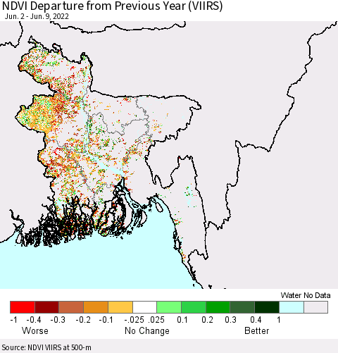 Bangladesh NDVI Departure from Previous Year (VIIRS) Thematic Map For 6/2/2022 - 6/9/2022