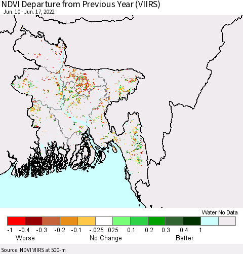 Bangladesh NDVI Departure from Previous Year (VIIRS) Thematic Map For 6/10/2022 - 6/17/2022