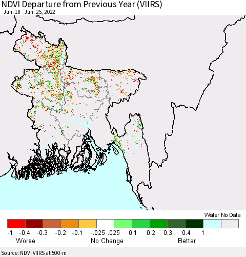Bangladesh NDVI Departure from Previous Year (VIIRS) Thematic Map For 6/18/2022 - 6/25/2022