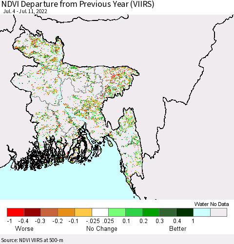 Bangladesh NDVI Departure from Previous Year (VIIRS) Thematic Map For 7/4/2022 - 7/11/2022