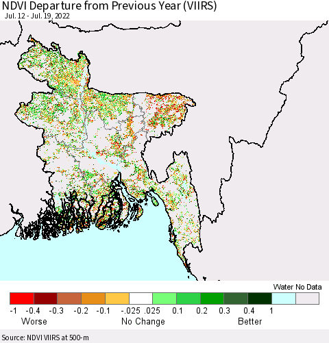 Bangladesh NDVI Departure from Previous Year (VIIRS) Thematic Map For 7/12/2022 - 7/19/2022
