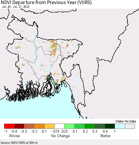 Bangladesh NDVI Departure from Previous Year (VIIRS) Thematic Map For 7/20/2022 - 7/27/2022
