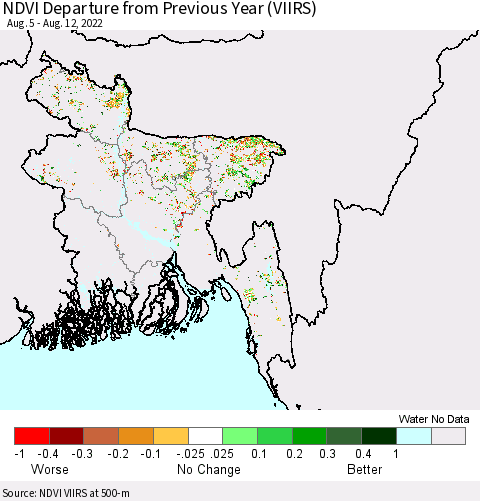 Bangladesh NDVI Departure from Previous Year (VIIRS) Thematic Map For 8/5/2022 - 8/12/2022