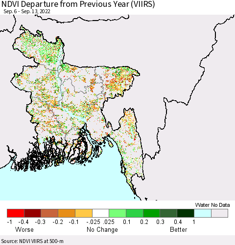 Bangladesh NDVI Departure from Previous Year (VIIRS) Thematic Map For 9/6/2022 - 9/13/2022