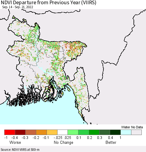 Bangladesh NDVI Departure from Previous Year (VIIRS) Thematic Map For 9/14/2022 - 9/21/2022
