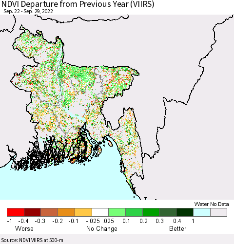 Bangladesh NDVI Departure from Previous Year (VIIRS) Thematic Map For 9/22/2022 - 9/29/2022