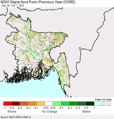 Bangladesh NDVI Departure from Previous Year (VIIRS) Thematic Map For 9/30/2022 - 10/7/2022