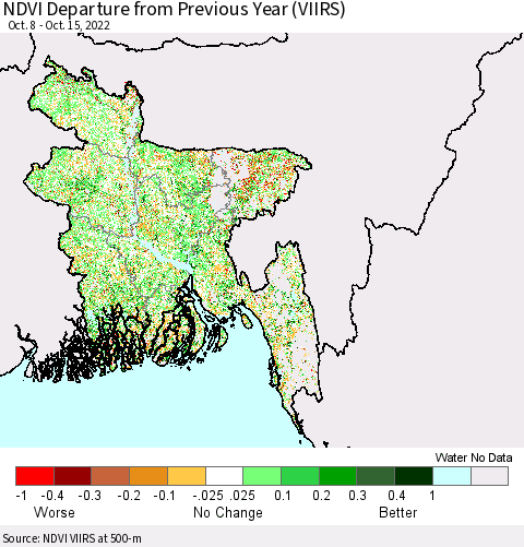 Bangladesh NDVI Departure from Previous Year (VIIRS) Thematic Map For 10/8/2022 - 10/15/2022