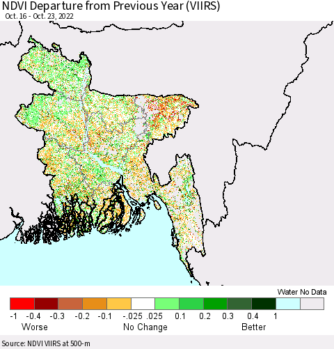 Bangladesh NDVI Departure from Previous Year (VIIRS) Thematic Map For 10/16/2022 - 10/23/2022