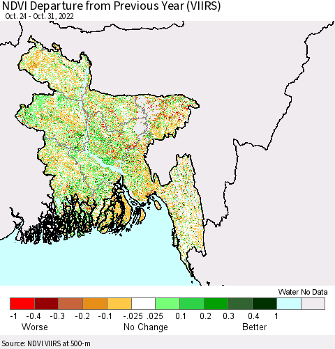 Bangladesh NDVI Departure from Previous Year (VIIRS) Thematic Map For 10/24/2022 - 10/31/2022