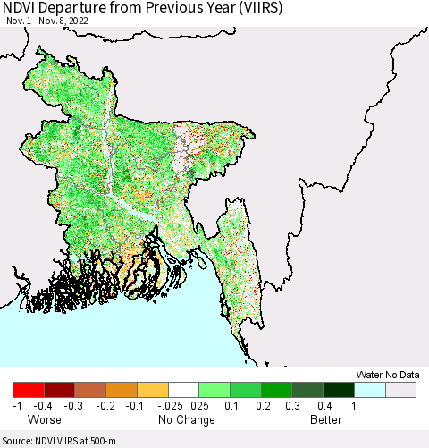 Bangladesh NDVI Departure from Previous Year (VIIRS) Thematic Map For 11/1/2022 - 11/8/2022