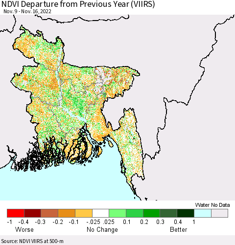 Bangladesh NDVI Departure from Previous Year (VIIRS) Thematic Map For 11/9/2022 - 11/16/2022