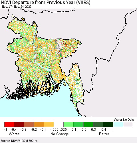 Bangladesh NDVI Departure from Previous Year (VIIRS) Thematic Map For 11/17/2022 - 11/24/2022