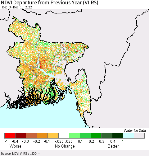 Bangladesh NDVI Departure from Previous Year (VIIRS) Thematic Map For 12/3/2022 - 12/10/2022