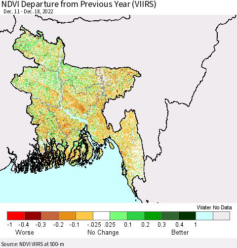 Bangladesh NDVI Departure from Previous Year (VIIRS) Thematic Map For 12/11/2022 - 12/18/2022