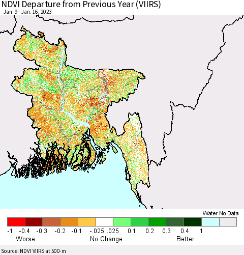 Bangladesh NDVI Departure from Previous Year (VIIRS) Thematic Map For 1/9/2023 - 1/16/2023