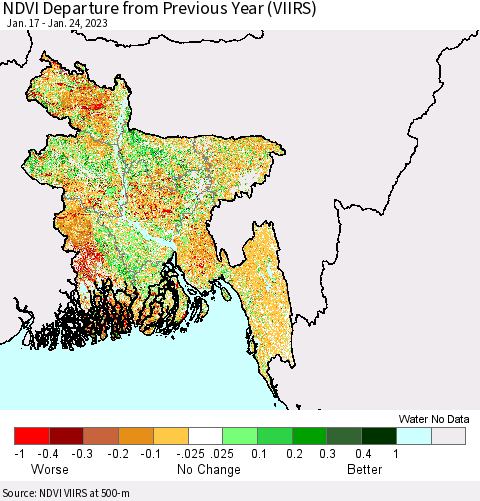 Bangladesh NDVI Departure from Previous Year (VIIRS) Thematic Map For 1/17/2023 - 1/24/2023