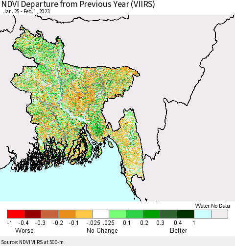 Bangladesh NDVI Departure from Previous Year (VIIRS) Thematic Map For 1/25/2023 - 2/1/2023