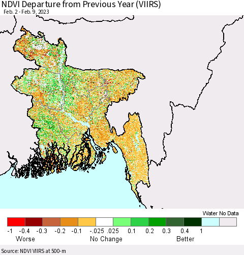 Bangladesh NDVI Departure from Previous Year (VIIRS) Thematic Map For 2/2/2023 - 2/9/2023