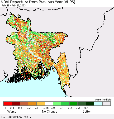 Bangladesh NDVI Departure from Previous Year (VIIRS) Thematic Map For 2/18/2023 - 2/25/2023