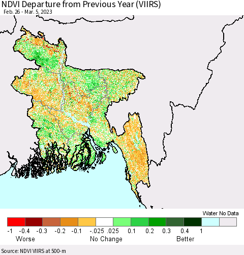 Bangladesh NDVI Departure from Previous Year (VIIRS) Thematic Map For 2/26/2023 - 3/5/2023