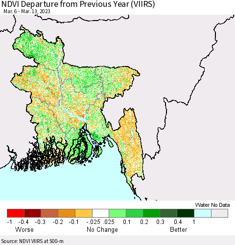 Bangladesh NDVI Departure from Previous Year (VIIRS) Thematic Map For 3/6/2023 - 3/13/2023