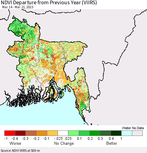 Bangladesh NDVI Departure from Previous Year (VIIRS) Thematic Map For 3/14/2023 - 3/21/2023