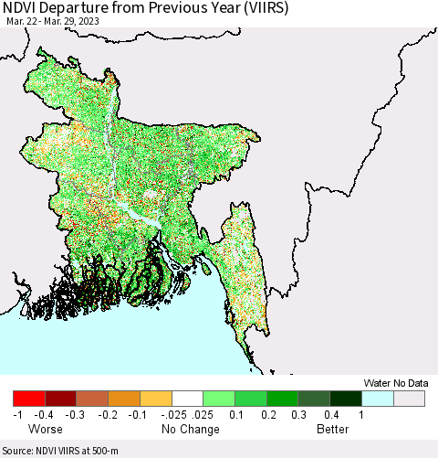 Bangladesh NDVI Departure from Previous Year (VIIRS) Thematic Map For 3/22/2023 - 3/29/2023