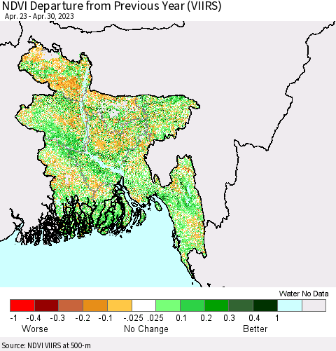 Bangladesh NDVI Departure from Previous Year (VIIRS) Thematic Map For 4/23/2023 - 4/30/2023